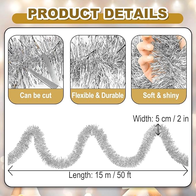 50 Feet Christmas Foil Fringe Banner Metallic Tassle Garland Metallic Backdrop Parade Floats Shiny Hanging Ceiling, Valentine's, Wedding, New Year Party Decorations(2" x 50', Silver)