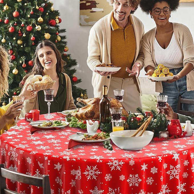 3 Pieces Christmas Snowflake Plastic Party Tablecloth Decorations, Disposable White Snowflake Red Xmas Round Table Cover Backdrop for Winter Christmas Holiday New Year Party Supplies,84 inch (Red)