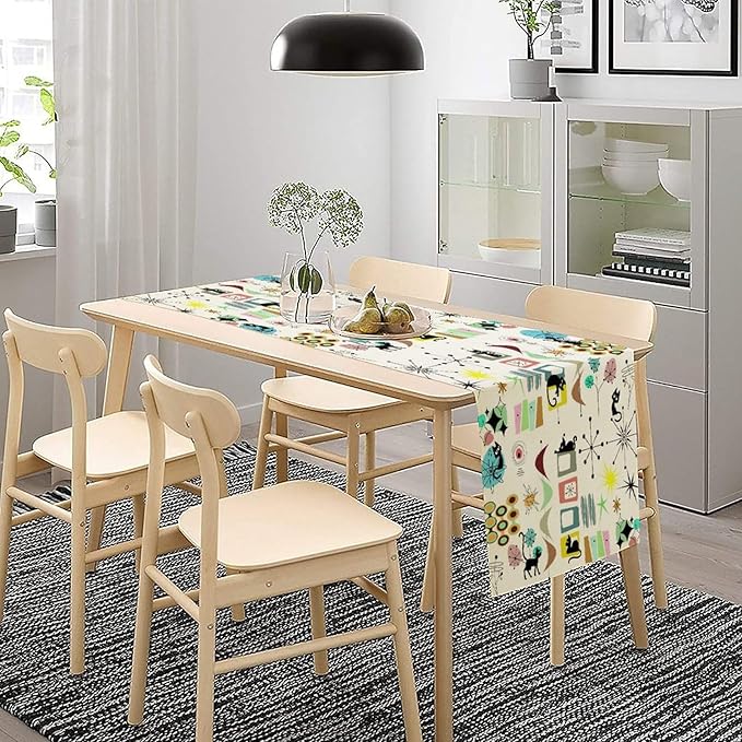 Colorful Geometric Table Runner,Vintage Mid Century Cute Cat Abstract Morden Print Tablecloth Burlap for Hotel Indoors Outdoor Dining Room Kitchen Home Decor, 13x70in