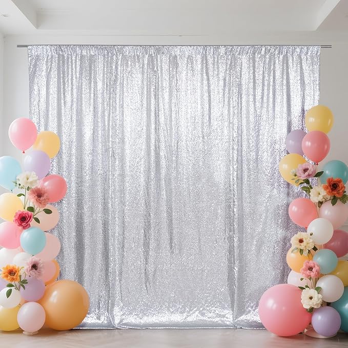 SquarePie Sequin Backdrop Curtain Not See Through Thick Background for Party 5FT x 7FT Silver