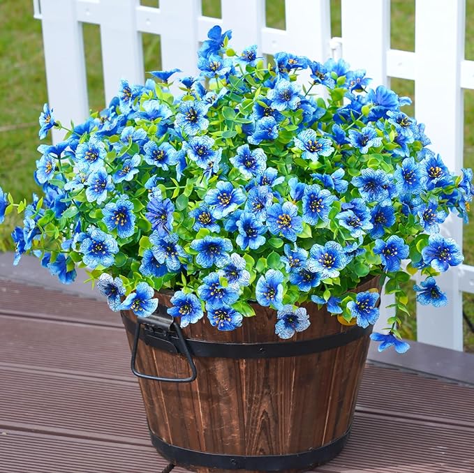 HyeFlora Artificial Flowers for Outdoor Indoor Garden Home Decoration, Faux Flower Daisy with Eucalyptus Leaves Fake Plants Greenery Boxwood Porch Patio, 12 Bundles (Blue)