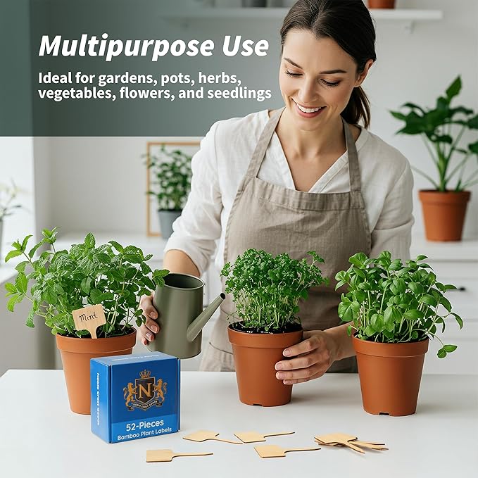 52-Piece Eco-Friendly Bamboo Plant Labels | Beautiful Natural Bamboo Garden Markers for Seedlings, Herbs, Flowers & Vegetables | Sustainable Gardening Tags & Gifts
