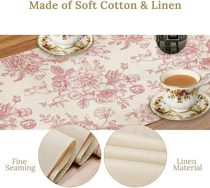 Pink White Flower Table Runner, Wildfloral Floral Sketch Pattern Print Kitchen Dinning Table Runner for Indoor Outdoor Home Wedding Party Holiday, 13x70 Inch