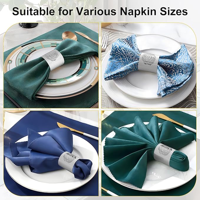Polymer Material Reusable Napkin Band, Glue-Free Tear-Proof Water Resistant Oil-Proof Napkin Bands Set of 100(Front Silver Rose and Back Silver Color), 6 Adjustable Sizes Napkin Rings