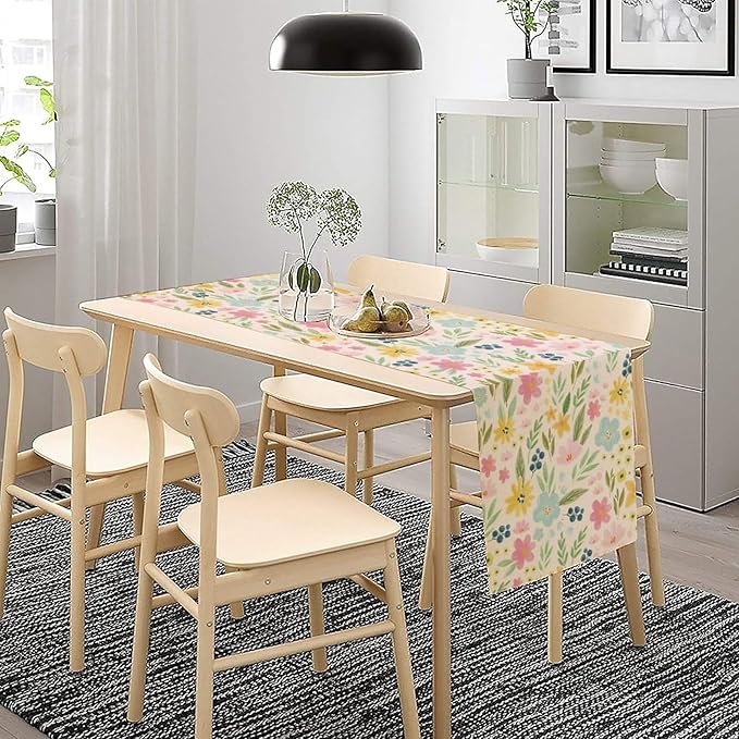 Floral Table Runner, Boho Style Watercolor Flower Green Leaf Plant Rectangle Table Decoration for Dining, Party, Holiday,13in（33cm） W * 108in（274cm） L