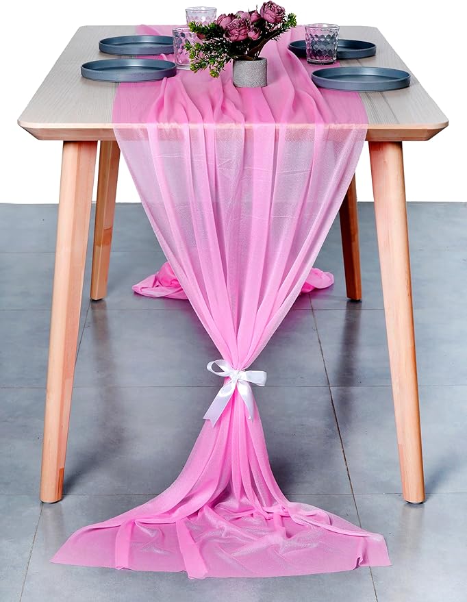 MDS 25 Pack 10ft Chiffon Table Runner 29 x 120 Inches Sheer Wedding Runner Romantic Rustic Table Runner for Wedding Decorations, Birthday Parties, Bridal Shower Party Arch Decor - Bubblegum Pink