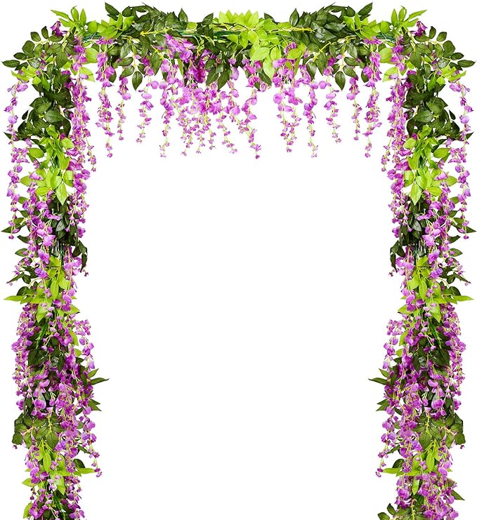 DearHouse 4Pcs 6.6Ft/Piece Artificial Flowers Silk Wisteria Garland Artificial Wisteria Vine Rattan Silk Hanging Flower for Home Garden Outdoor Ceremony Wedding Arch Floral Decor