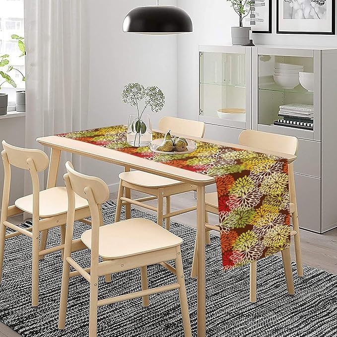 Brown Dahlia Floral Table Runner, Seasonal Autumn Thanksgiving Pattern Print for Home Kitchen Table Decor Dining Coffee Room Party Decor 13x60 Inch