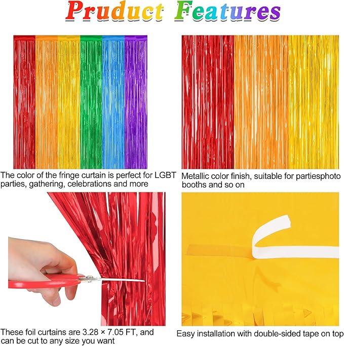 8 Pack Rainbow Backdrop, 3.28 FT x 7.05 FT Backdrop Curtains, Metallic Fringe Curtains Tinsel Bakdrop Party Streamer, Wedding Decor Rainbow Party Decorations Pride Photo Booth Props