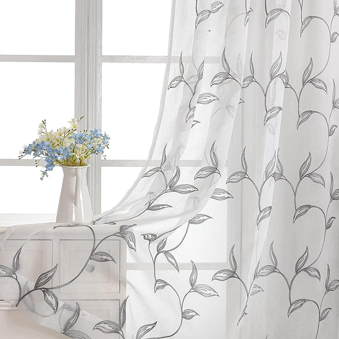 VISIONTEX Sheer Curtains 63 Inch Length 2 Panels, Decor Iron Grey Vine Leaves Embroidery on White Voile Pair, Accent Semi Window Drapes for Kitchen, Living Room and Bedroom, 54" W x 63" L