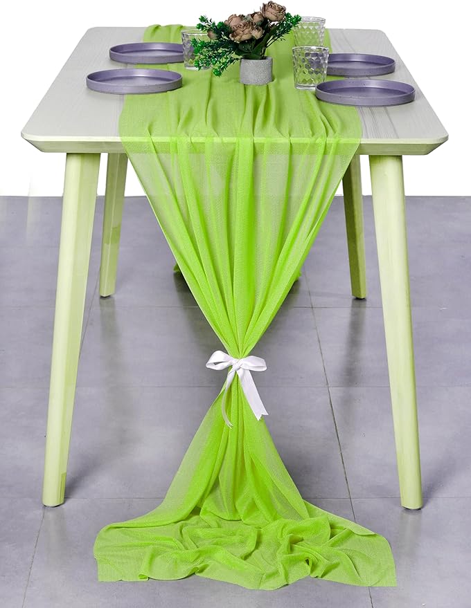 MDS 5 Pack 10ft Chiffon Table Runner 29 x 120 Inches Sheer Wedding Runner Romantic Rustic Table Runner for Wedding Decorations, Birthday Parties, Bridal Shower Party Arch Decor - Parrot Green
