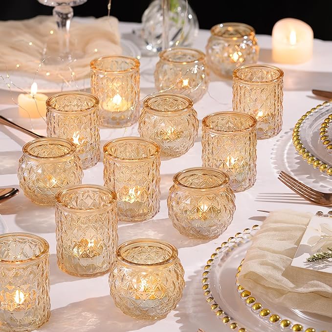 36pcs Assorted Gold Votive Candle Holders, Tea Light Candle Holder Glass for Diwali, Gold Candle Holders for Wedding, Table Centerpiece, Brithday and Holiday Decorations