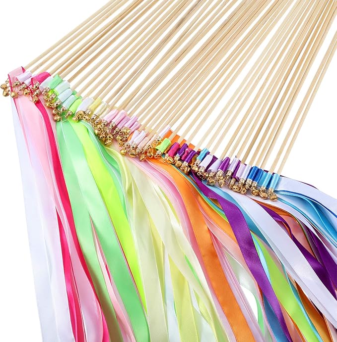 Boao 40 Pieces Mixed Color Ribbon Sticks with Bell, Ribbon Sticks for Stick Party, Streamers for Wedding Birthday Party Celebration Baby Shower Favors(Multicolor)