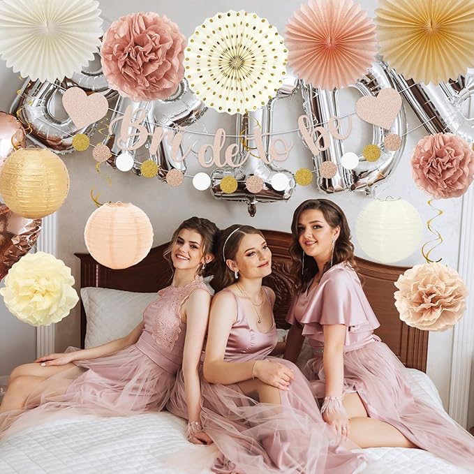 Whaline 22Pcs Boho Champagne Gold Pink Bachelorette Party Decoration Bride to Be Banner Hanging Lanterns Paper Fans Pom Poms Tassel Garlands for Wedding Bridal Shower Backdrop