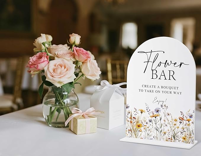Wedding Signs for Ceremony and Reception, Boho Floral Acrylic Flower Bar Sign, Wedding Signage with Stand, Bridal Shower Table Centerpieces, Flower Bar Supplies for Engagement Reception Events, 22