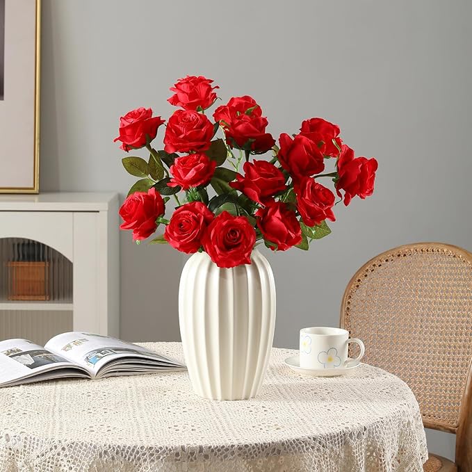 Tifuly 12 Pcs Red Roses Artificial Flowers,Realistic Long Stem Fake Silk Roses Bouquet for Party Home Wedding Centerpiece Office Decor