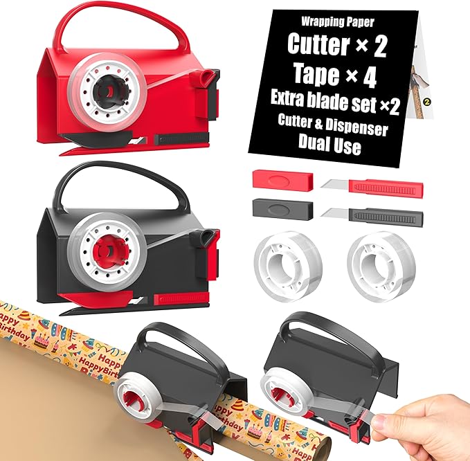(2-Pack) Wrapping Paper Cutter & Tape Dispenser Dual Use with 4 Tapes，2 Replace Blades Kit for Christmas Gift Wrap Cutter Tool Paper Roll Holder Tube Sliding Slicing for Birthday Holiday.
