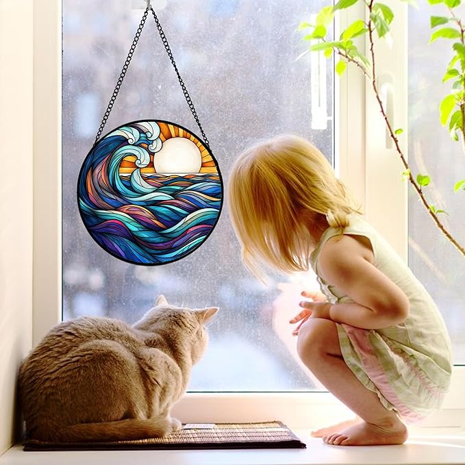 Stained Glass Window Hanging, Big Wave Sun Suncatcher Diamond Glass Panel Hangings Abstract Sun Catchers Decor for Birthday for Women, Men, Wife, Aunt, and Mom 7.8 in