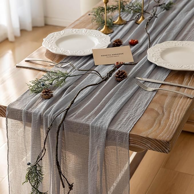3pcs Dusty Blue Gauze Rustic Cheesecloth Table Runner 120 Inch 10 FT for Wedding Baby Shower Bridal Shower Birthday Engagement Garden Outdoor Party Long Sheer Boho Decorations