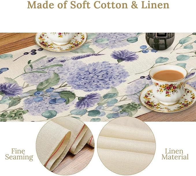 Spring Hydrangea Flower Table Runner, Seasonal Summer Plants Watercolor Eucalyptus Leaves Purple Florals Dinner Runner for Home Kitchen Dining Table Party Holiday Decoration 13"x108"