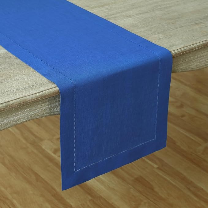 Solino Home Linen Royal Blue Table Runner 108 Inches Long - 100% Pure Linen 14 x 108 Inch Table Runner for Holiday - Classic Hemstitch
