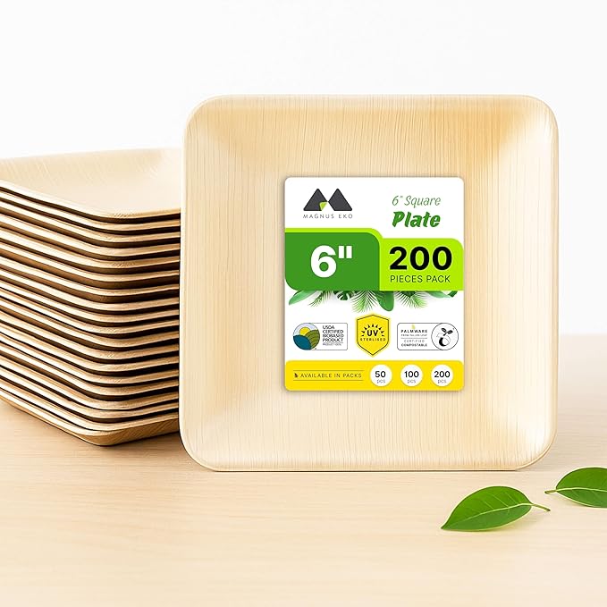 magnus EKO | 6 Inch Square Plates 200 Pcs | Disposable Plates For Party | Eco Friendly, Compostable and Biodegradable serving plates for Catering, Weddings and Parties