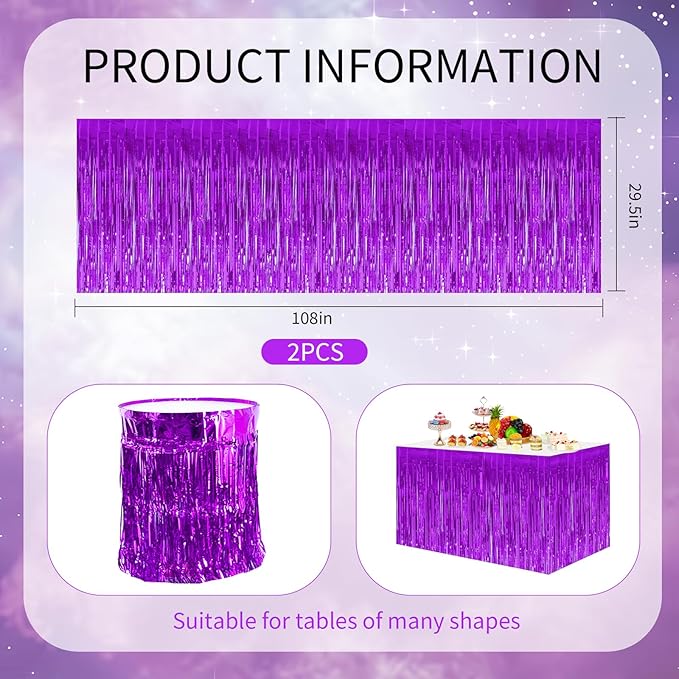 BEISHIDA 2 Pack Dark Purple Metallic Tinsel Foil Fringe Table Skirts for Rectangle and Round Tables - Birthday & Holiday Party Decorations