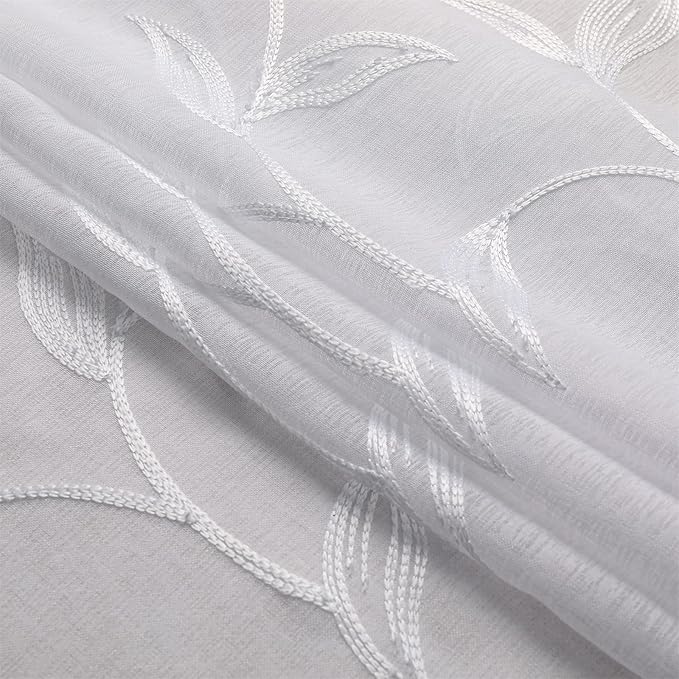 VISIONTEX White Sheer Voile Curtains, Decorative White Embroidery Faux Linen Rod Pocket Window Drapes for Home Kitchen, Living Room and Bedroom 54 x 95 Inch, Set of 2 Curtain Panels