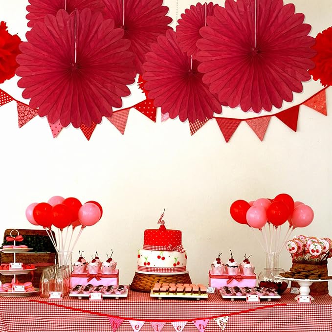 20 Pcs Red Hanging Paper Fan, Round Paper Fans Decorations Set for Weddings, Birthdays, Engagement, Bridal Shower, Baby Shower Event, Graduation, Party Supplies Decor