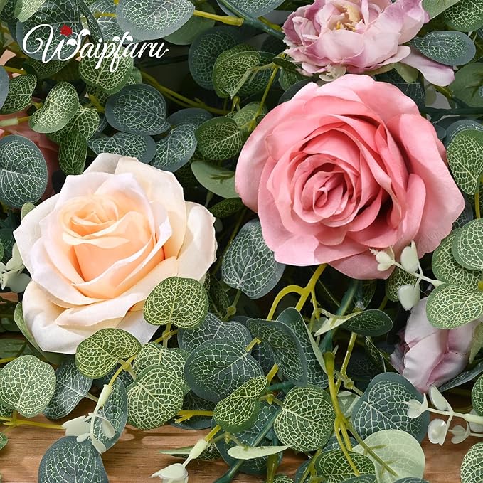 Waipfaru Flower Garland Decorations, 6.07Ft Pink Floral Rose Garland, Artificial Eucalyptus Greenery Vines with Flowers for Wedding Table Runner Centerpieces Backdrop Room Decor (Pink)