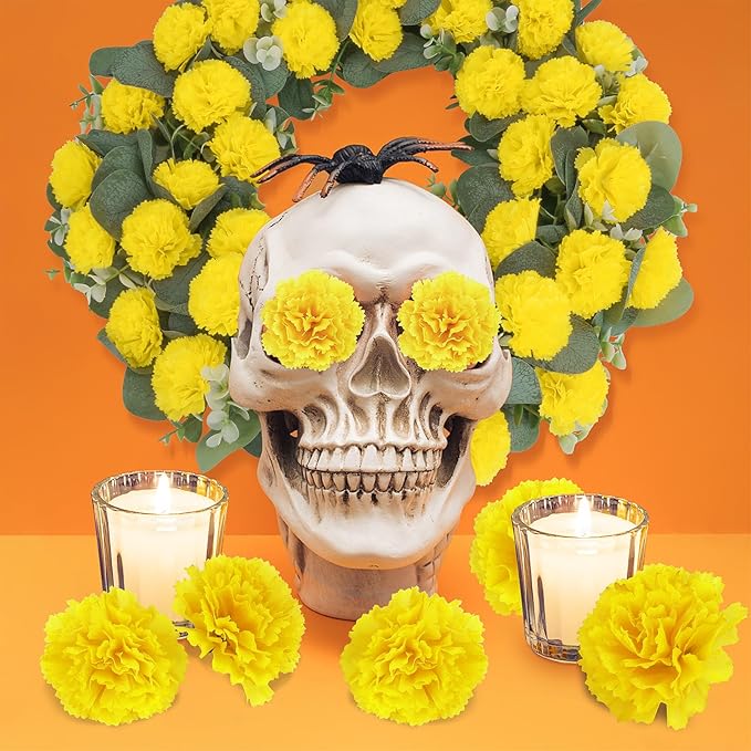 30 Pcs Artificial Marigold Flowers,3.54" Silk Marigold Flower Heads with Stems,Yellow Flowers Artificial for Diwali Decor,Indian Wedding,Home,DIY Wreath Garland,Day of The Dead Decorations