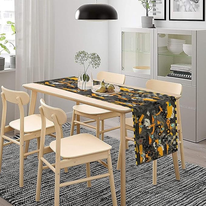 Cartoon Car Table Runner,Boy Kids Construction Yellow Tractor Excavator Tablecloth Burlap for Hotel Indoors Outdoor Dining Room Kitchen Home Decor,W13X L90 in
