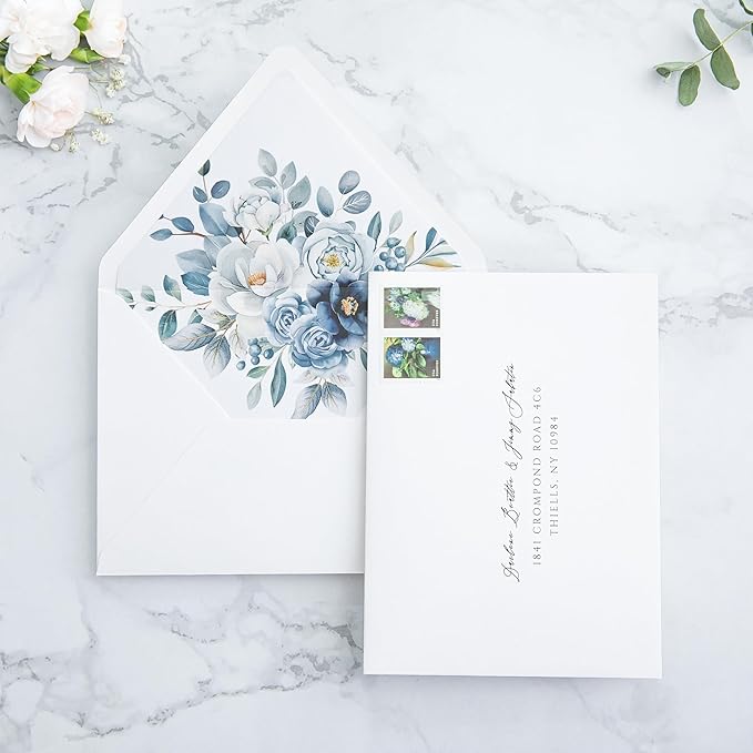 PONATIA 50PCS A7 Euro Flap White Envelope, 5.25 x 7.25'' Dusty Blue Flowers Liner Envelopes for Wedding Invitations, Photos, Postcards, Greeting Cards, Acrylic Mailing, 5x7 Envelopes