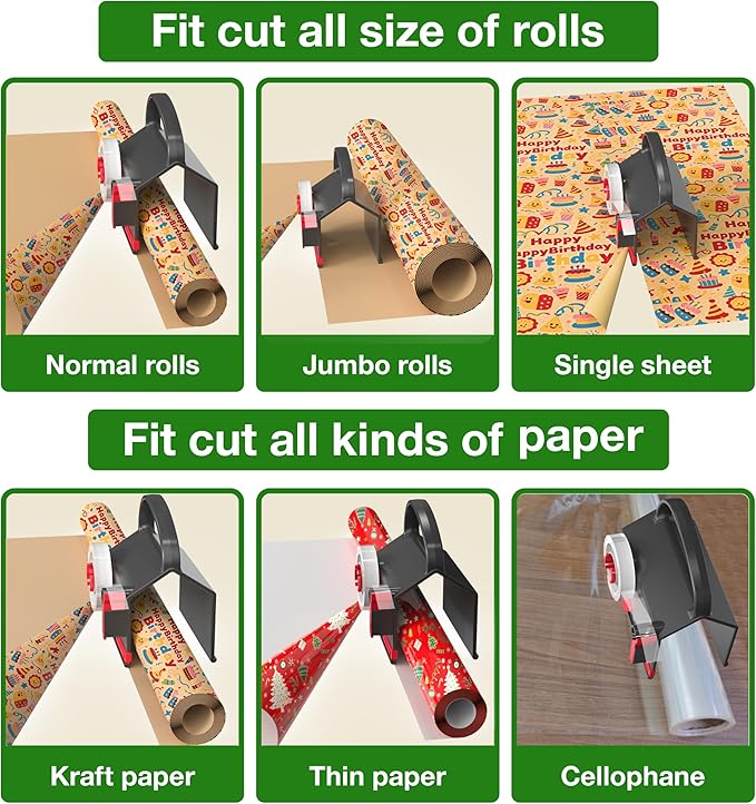 (2-Pack) Wrapping Paper Cutter & Tape Dispenser Dual Use with 4 Tapes，2 Replace Blades Kit for Christmas Gift Wrap Cutter Tool Paper Roll Holder Tube Sliding Slicing for Birthday Holiday.