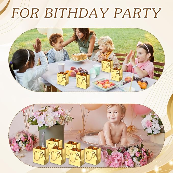 Sherr 100 Pack Mini Gift Bags Bulk, 4 x 2.75 x 4.5 Inches Paper Bags with Tags, Extra Small Paper Gift Boxes with Handles for Birthday, Party Favors, Weddings, Small Business(Gold)