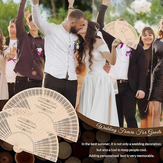 100 PCS Custom Fans Personalized Folding Fans for Line Dancing Wooden Hand Fan Wedding Favors Bulk Fans for Guests Party Event Use (Style05)