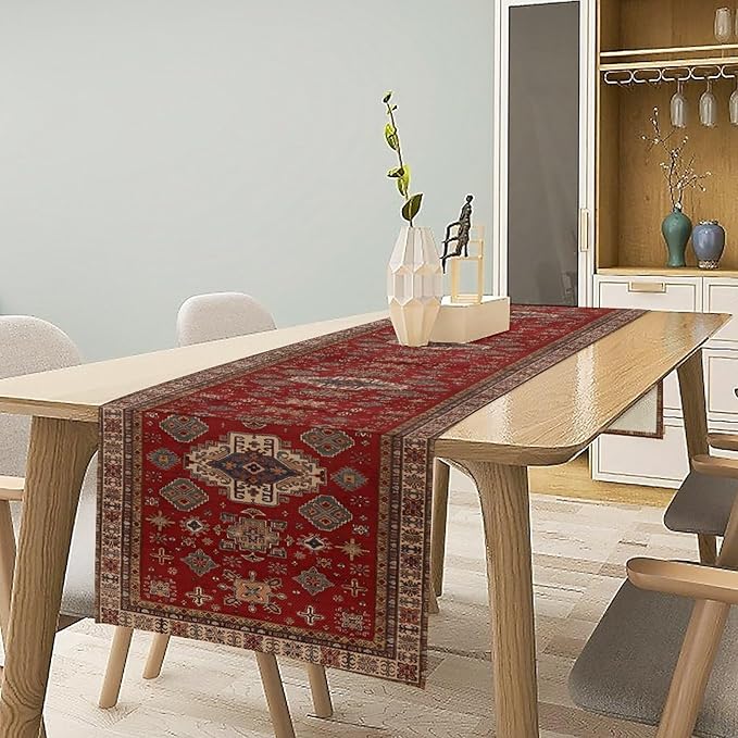 Boho Floral Vintage Table Runner, Retro Red Brown Flower Rustic Country Farmhouse Abstract Pattern for Home Kitchen Table Decor Dining Coffee Room Party Decor 13x60in