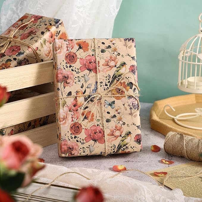 RUSPEPA Floral Wrapping Paper Bouquet for Women, 17 in x 16.4 ft, Mini Roll, Blooming with Bird and Butterfly Design, Kraft Wrapping Paper Roll for Spring, Birthday and Baby Shower
