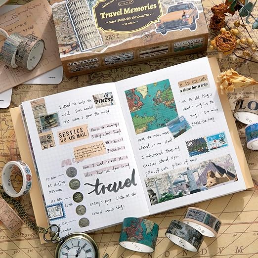 18 Rolls Travel Washi Tape Set journaling Tape for Crafts and Journaling DIY Scrapbook Tape for journaling Scrapbooking Supplies washi Tape for Scrapbooking