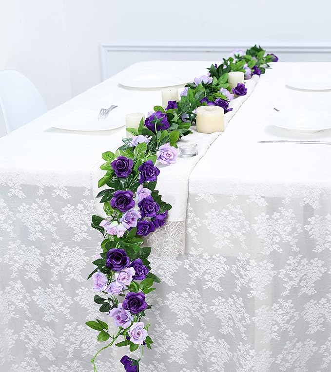 Floweroyal 2 Pack Artificial Flower Garlands 15.8FT Fake Rose Vines Silk Flowers Hanging Rose Ivy for Wedding Arch Party Home Garden Wall Decor (Purple)