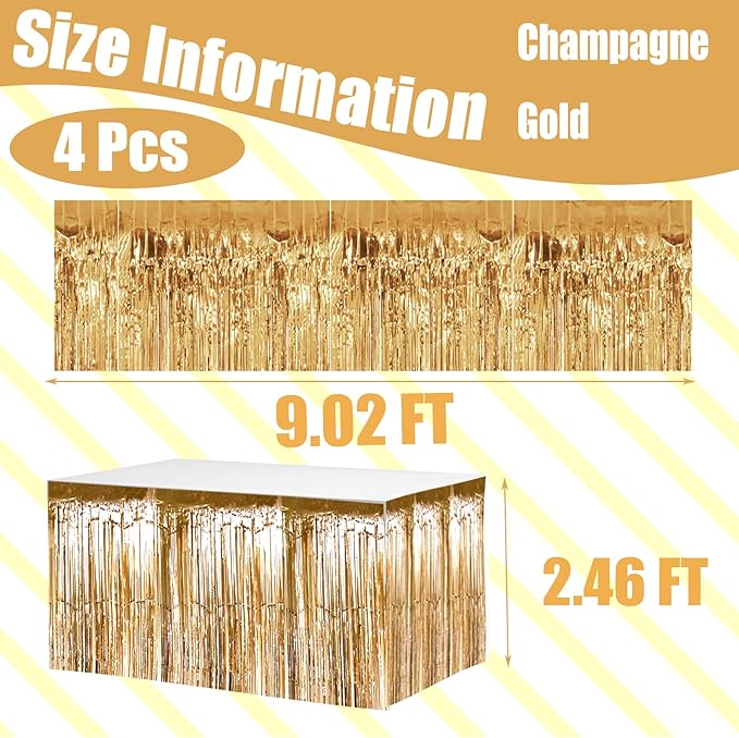 4 Pack 29x108 Inch Metallic Foil Fringe Tinsel Table Skirts for Rectangle Tables Streamer Curtains Backdrop for Christmas, Birthday, Parade Floats, Halloween Party Supplies(Champagne Gold)