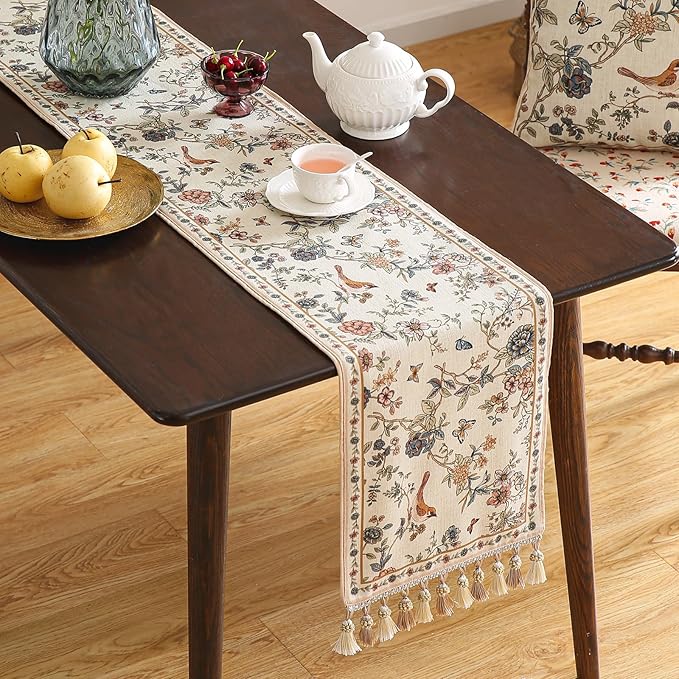 ISAENNE Designer Linen Table Runner 87 Inches Long,Elegant Floral Bird Pattern Table Runners for Dining Room,Farmhouse Rustic Kitchen Decor,Thanksgiving,Christmas,12"*87"-Cornucopia