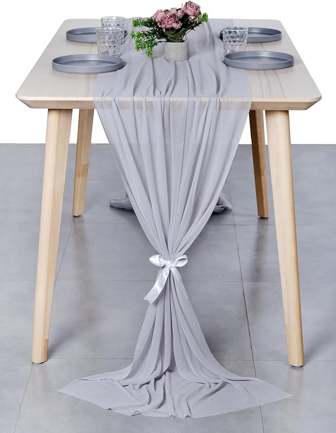 MDS Halloween Chiffon Table Runner - 15 Pack, 29 x 170 Inches, 14ft Each - Sheer Spooky Table Runners for Haunted House Parties, Trick-or-Treat Tables, Witchy Décor, Wedding & Events - Cool Gray