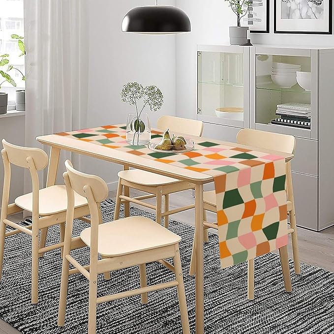 Hippie Table Runner, Vintage Geometric Square Orange Green Pink Grid 60s 70s Style Kitchen Dining Room Decor for Indoor Outdoor Wedding Party Table Runner 13x120 Inch