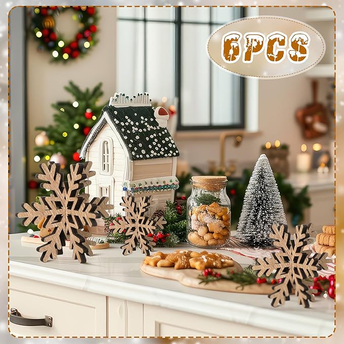 Bucherry 12 Pcs Wooden Snowflake Table Decor 3D Snowflake Tabletop Signs and Centerpiece for Christmas Winter Xmas Party Wonderland Decorations Home (Rustic Color)