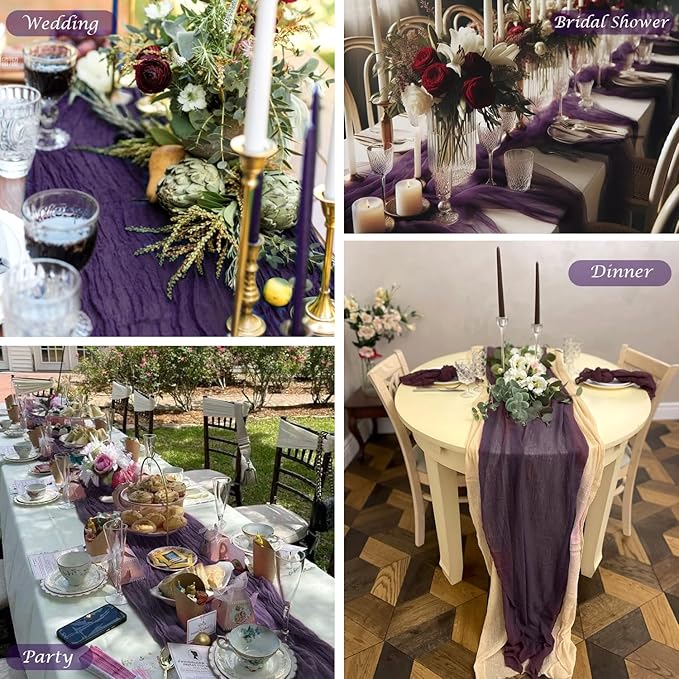 6 Pack Plum Purple Cheesecloth Table Runner 35x120 Inch Boho Gauze Table Runner Rustic Cheese Cloth Long Romantic Table Runners for Wedding Bridal Shower Birthday Party Table Decor