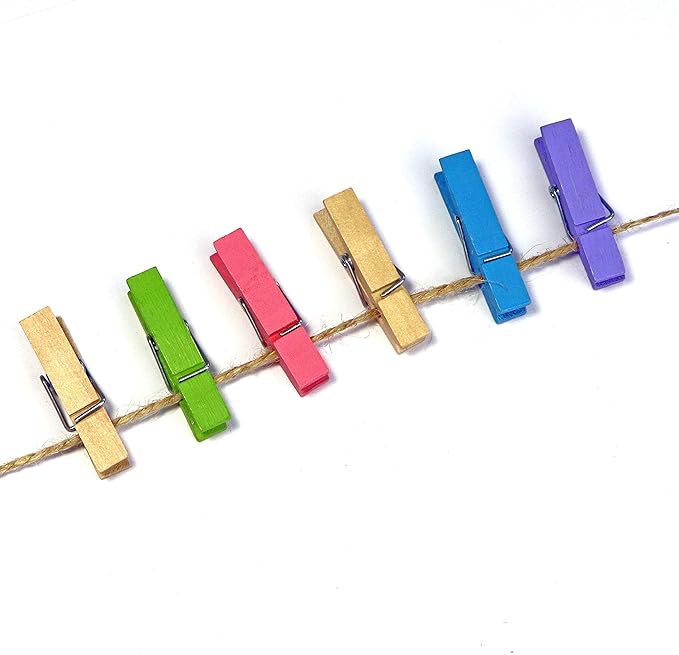 Mini Wooden Clothespins With Jute Twine, 100pcs, 1.4 Inch Photo Paper Peg Pin Craft Clips With 320ft Twine for Scrapbooking, Arts & Crafts, Hanging Photos (Natural Color)