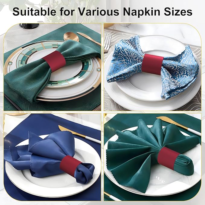 Polymer Material Reusable Napkin Band, Glue-Free Tear-Proof Water Resistant Oil-Proof Napkin Bands Set of 50(Front Burgundy Color and Back White), 6 Adjustable Sizes Napkin Rings
