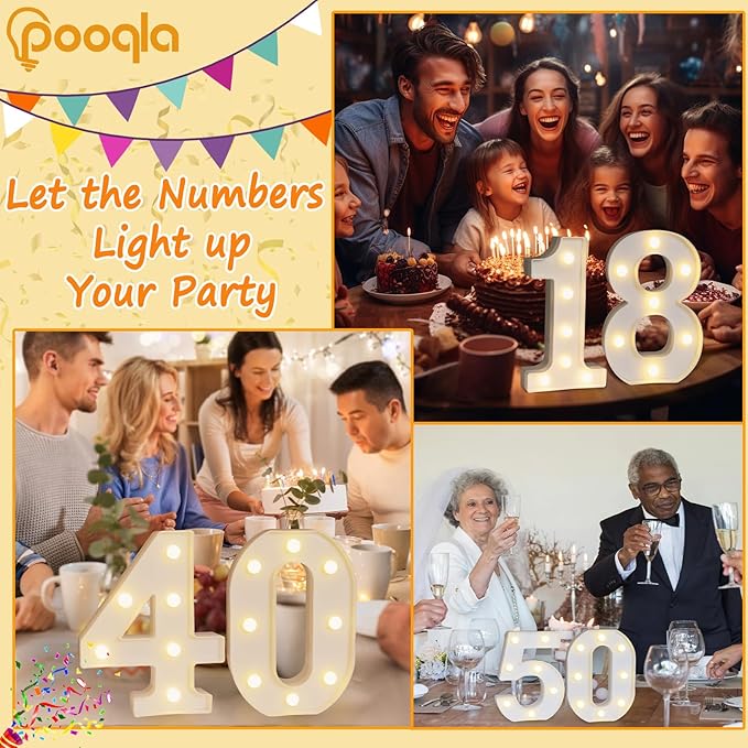 Pooqla Decorative LED Light Up Number Letters, White Plastic Marquee Lights Sign for Birthday Party Wedding Decor, Battery Operated (15)