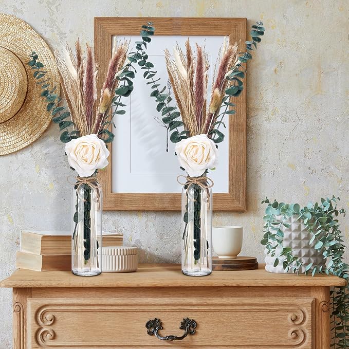 10 Set Dried Pampas Grass Centerpiece for Wedding 10 Clear Glass Jars 10 Artificial Roses 80 Dried Pampas Grass with Rope for Baby Shower Rustic Bridal Party Farmhouse Decoration (White)
